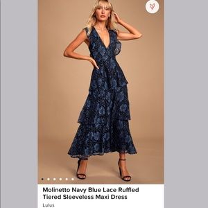 Lulu’s, Molinetto Blue Lace Ruffled Tiered Sleeveless Maxi Dress, S